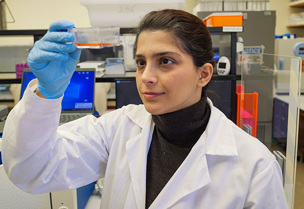 Lab technician looking at sample in clear container.